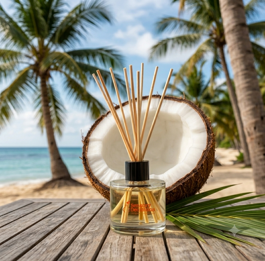 coconut reed diffuser in front of a sliced coconut and palm trees, outside