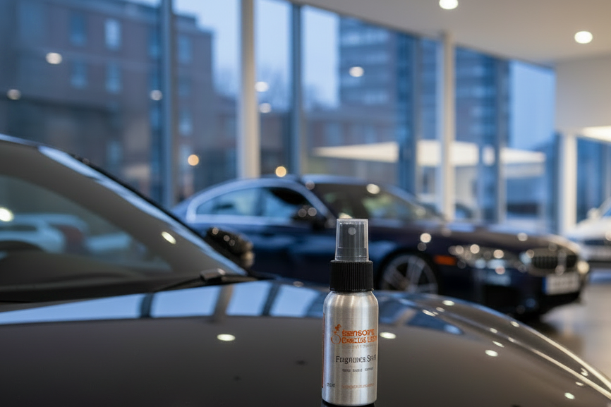 new-car-fragrance-car-air-freshener on the bonnet of a car in a showroom
